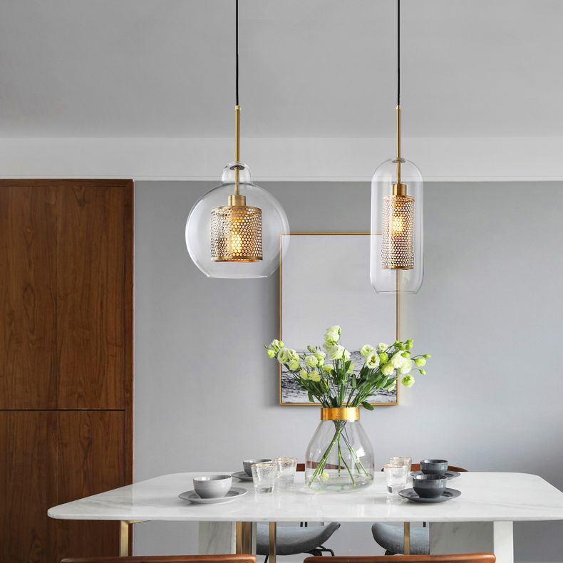 Brass 1 Light Hanging Pendant Light Modern Minimalist Clear Glass Dining Table Hanging Lamp