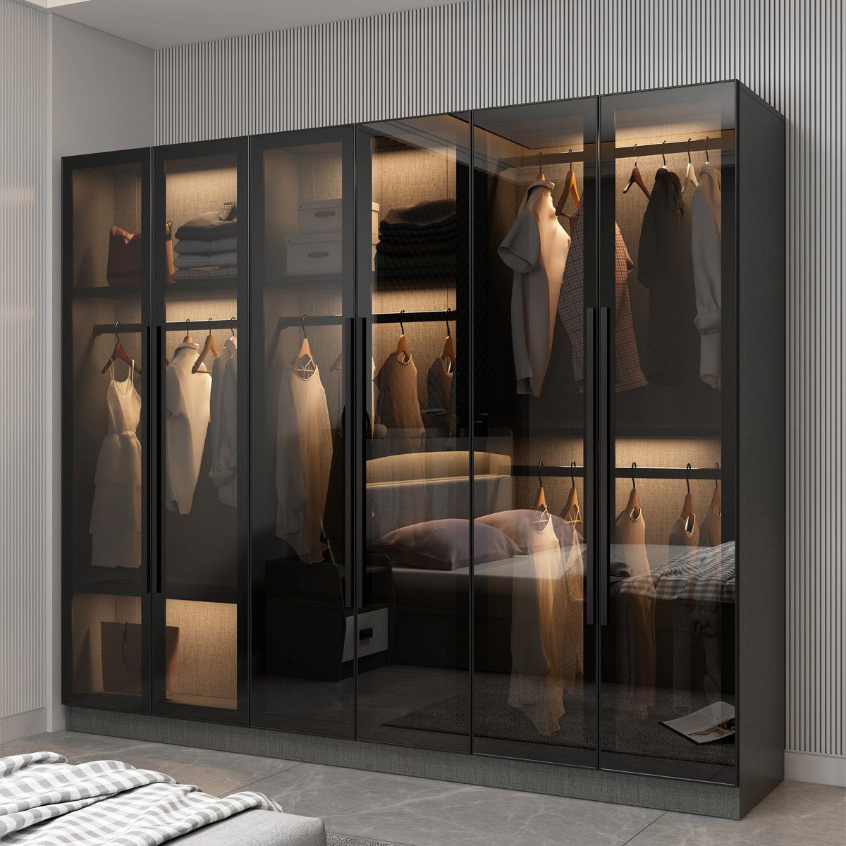 Contemporary Glass Wardrobe Soft Close Door Wardrobe Closet for Bedroom
