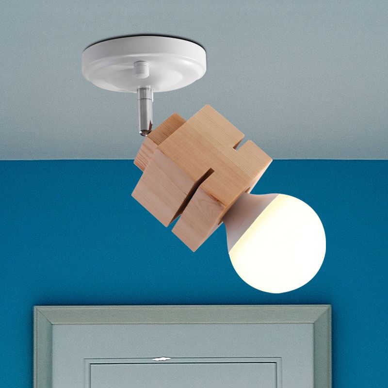 Metal Bare Bulb Semi Flush Ceiling Light Modern 1 Light White Finish Flushmount with Wood Top