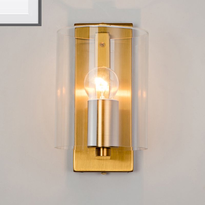 Cylindric Wall Light Sconce Post Modern Clear/Textured White Glass 1 Bulb Brass Finish Wall Lamp
