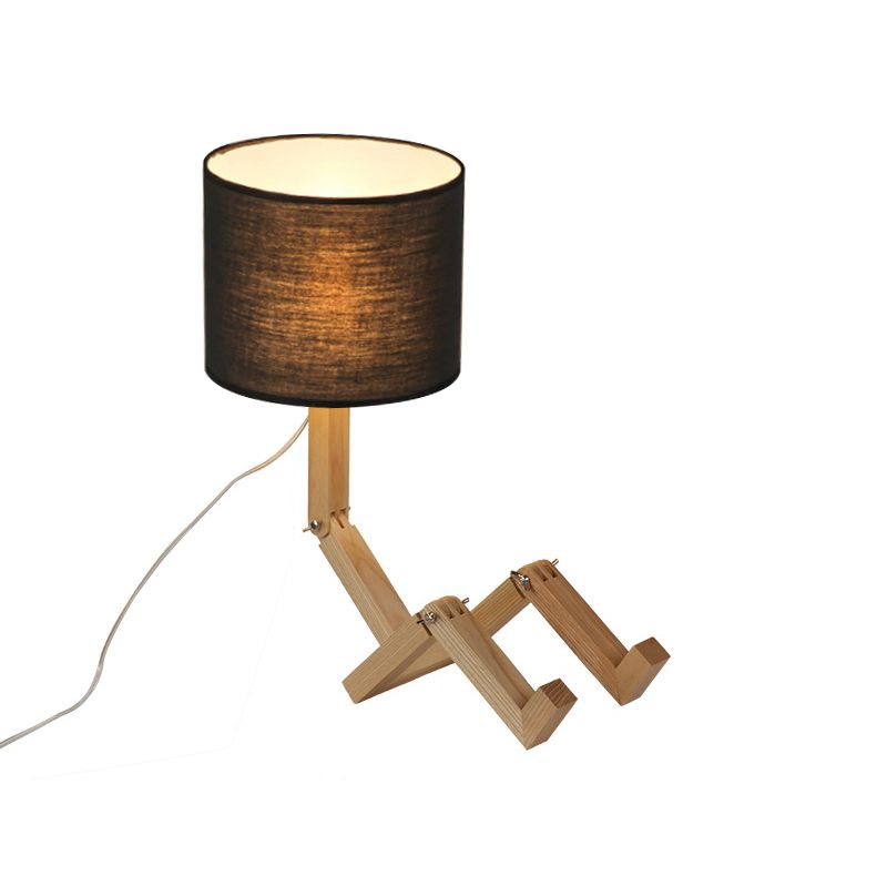 Man-Shaped Table Lamp Novelty Modern Wood Single Beige/Black/White Night Light with Book Rack Design and Cylinder Fabric Shade