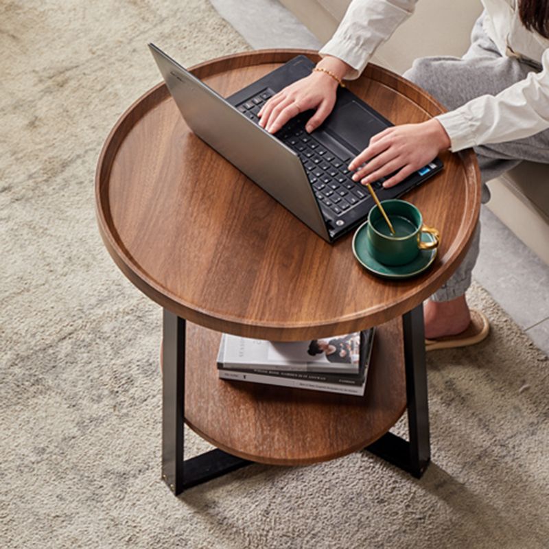 Round Wood Coffee Table Cross Legs 1 Single Cocktail Table with Tray Top