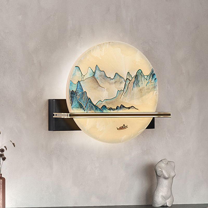 Blue and White Hills Painting Mural Light Chinese Metal LED Flush Wall Sconce for Bedside