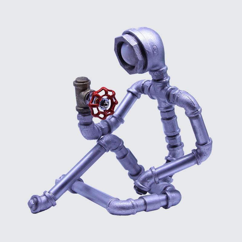 1 Bulb Nightstand Light Industrial Iron Pipe Man Table Lamp in Silver/Bronze with Red Valve Rotating Switch