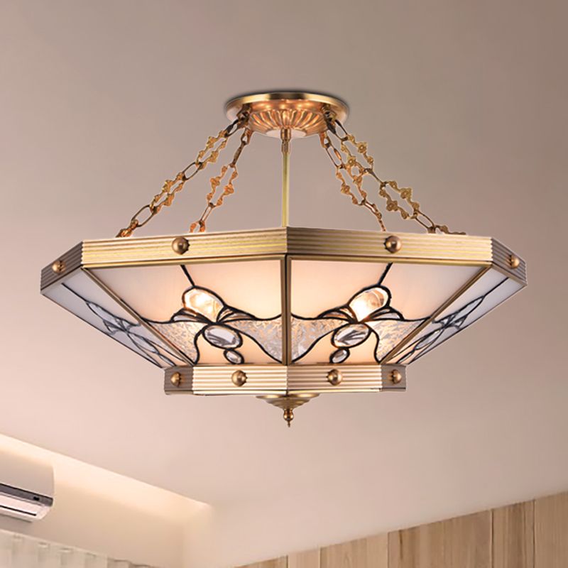 Brass 4 Lights Semi-Flush Ceiling Light Colonialism Bevel Frosted Glass Tapered Ceiling Mount Chandelier for Bedroom, 16"/19.5" W