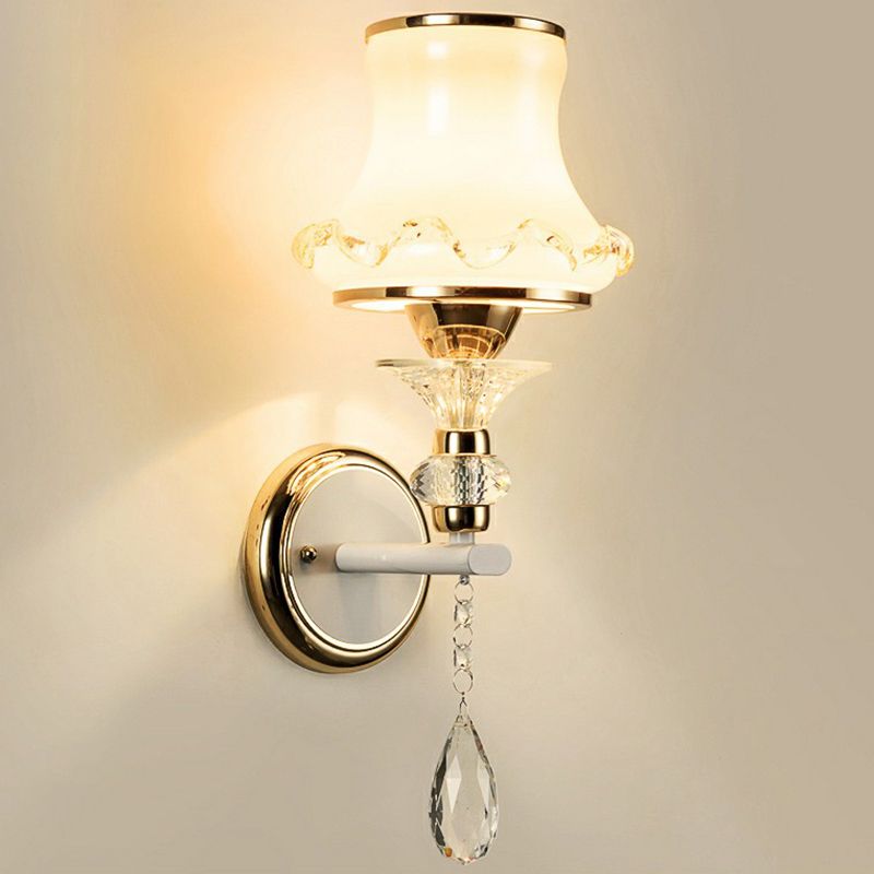 Flared Living Room Wall Light Vintage Frosted Glass Champagne Wall Sconce with Crystal Accents