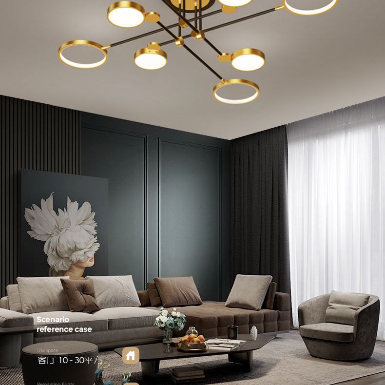 Candelabro de estilo metálico posmoderno, lámpara colgante Art Deco con anillo hueco de aluminio cepillado dorado para sala de estar