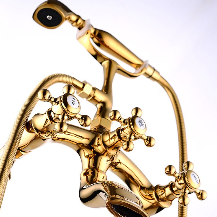 Floor Mounted Tub Spout 3 Handles Traditional Freestanding Tub Filler in Gold