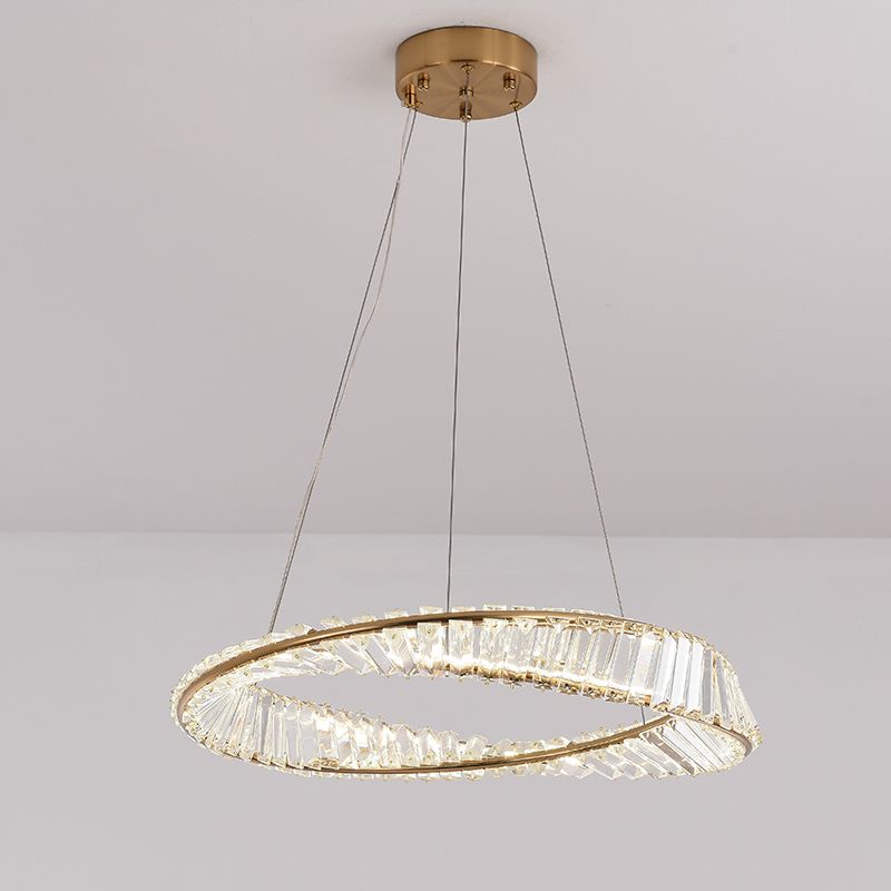 Modern Luxury Circular LED Pendant Light Wrought Iron Hanging Lamp with Crystal Shade