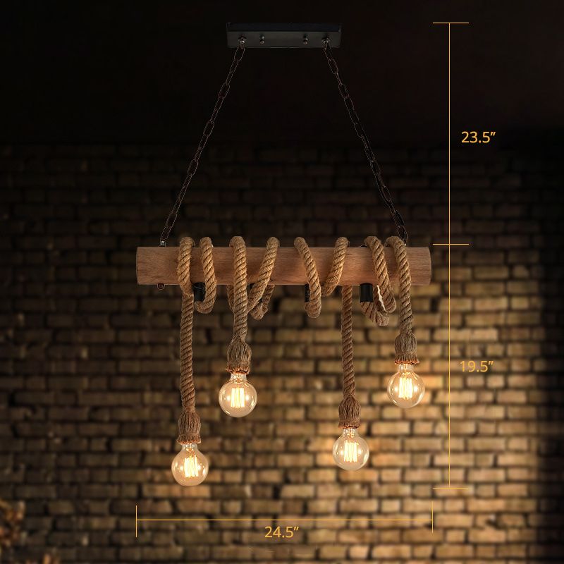 4-Head Open Bulb Island Lighting Fixture Rural Wood Hand-Wrapped Rope Suspension Light