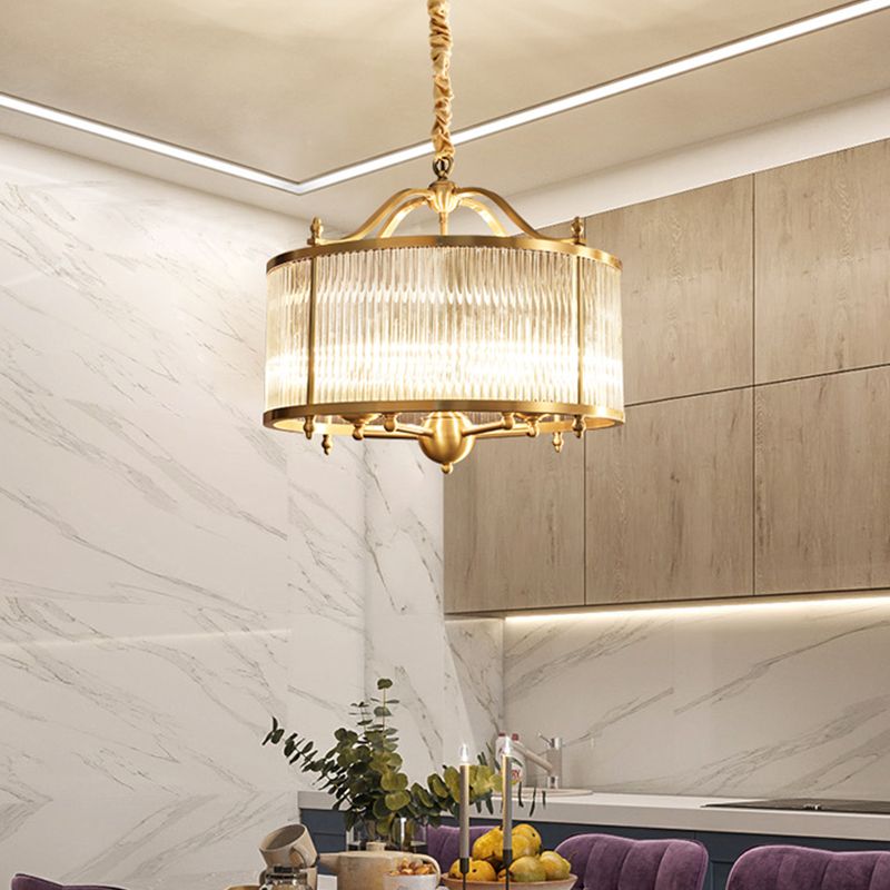 Copper Chandelier Light Fixtures American Style Multi-Head Drum Suspension Lamps for Living Room