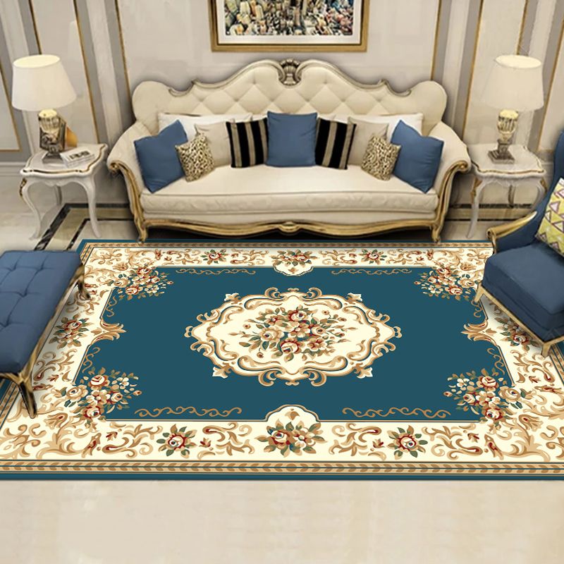 Blue European Style Area Carpet Floral Pattern Polyester Rug Anti-Slip Washable Rug for Home Decor