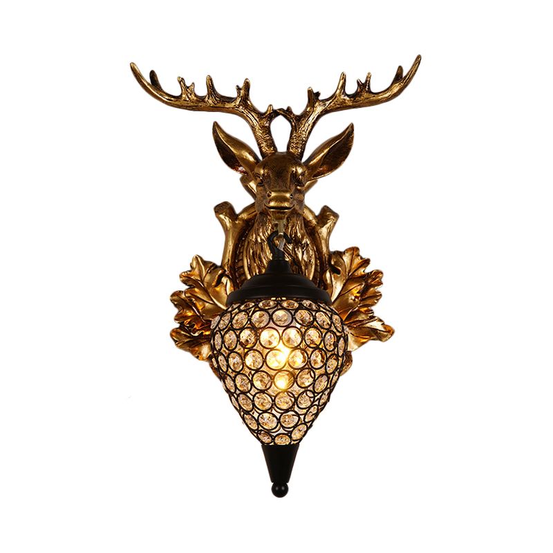 Brown / Gold 1 Bulbe Approche du luminaire Ferme Ferme Crystal Crystal incrusté Lampe de montage mural avec plaque arrière de la tête de wapiti, 12 "/19,5" de large