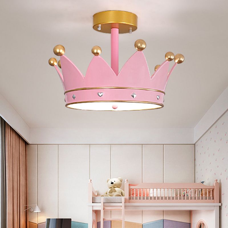 Pink Finish Crown Shaped Semi Flush Light Cartoon LED Metallic Flush Mounted Lamp Fixture
