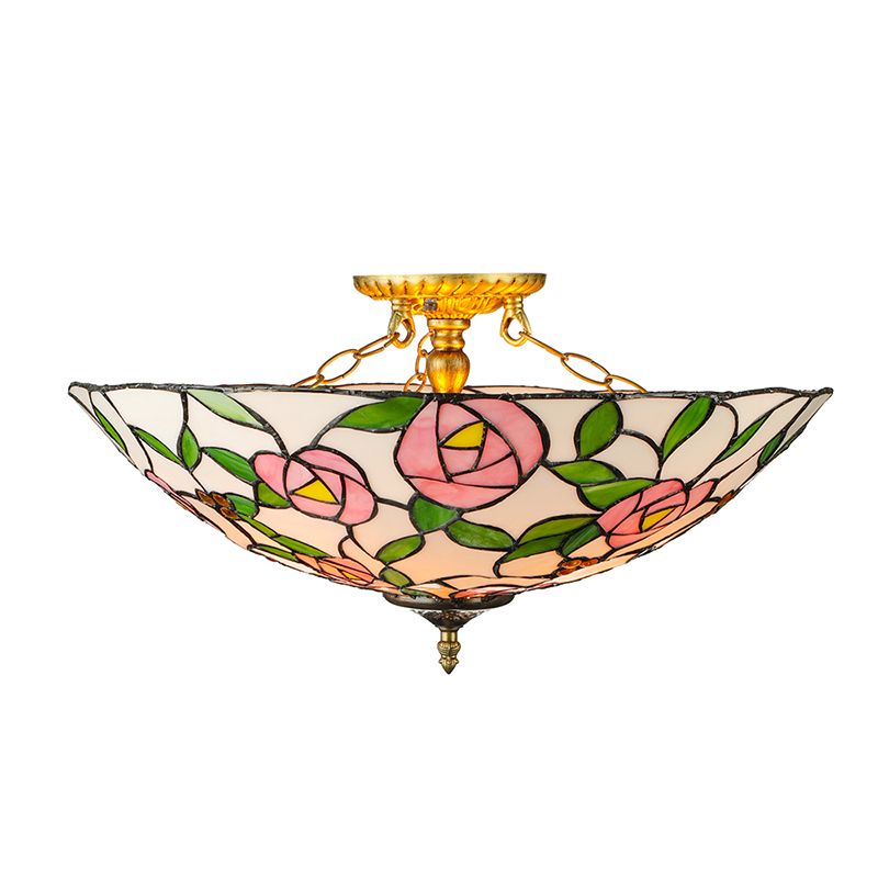 Pink and Green Bowl Flush Light with Rose Vintage Tiffany Stained Glass Flush Ceiling Light
