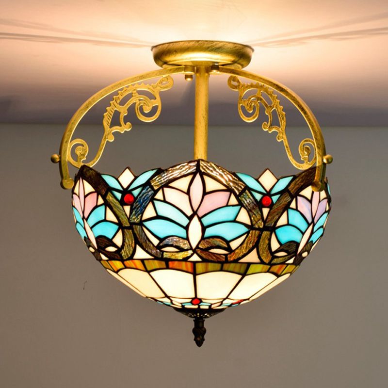 2 Lights Semi Flush Mount Lighting Mediterranean Petal Stained Glass Ceiling Lamp in Yellow/Brown/Blue for Bedroom