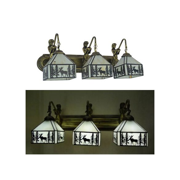 3 Lights Lodge Wall Sconce Rustic Stylish Glass Wall Lamp in Beige with Forest Deer for Restaurant
