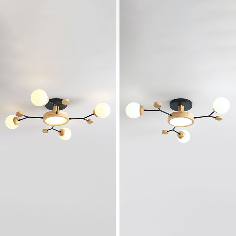 Nordic Solid Wood Ceiling Light White Glass Modos Semi Flush Light for Living Room