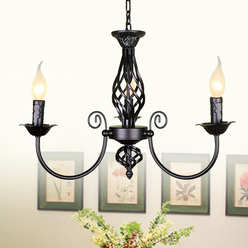 Black/White Swooping Arm Chandelier Lamp Traditional Metal 3/4/5 Lights Living Room Hanging Light