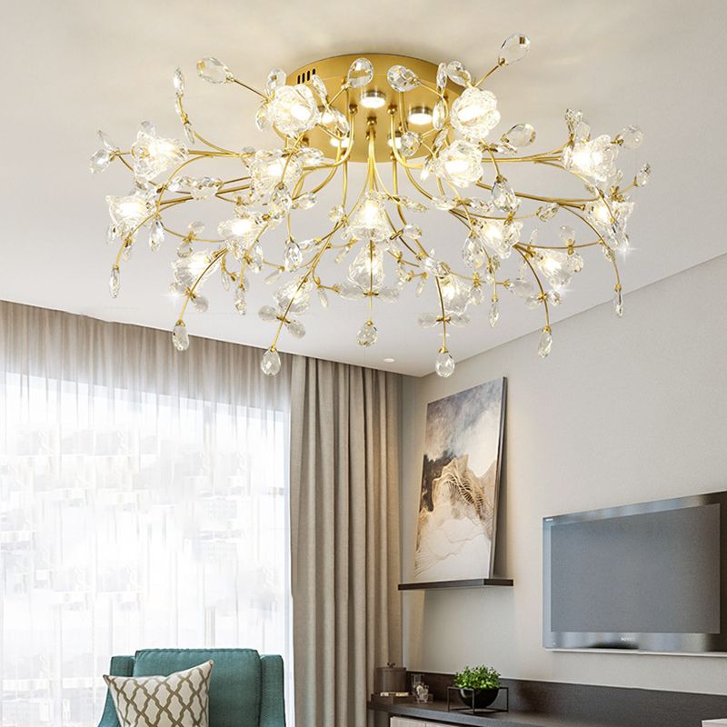 Contemporary Flower-Shaped Flush Light Crystal Flush Mount Ceiling Fixture in Gold