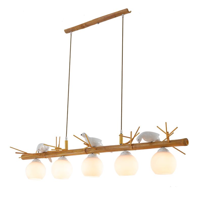 Dome Island Light Fixture Modern Cream Glass Wood Pendant Light with White Bird Deco