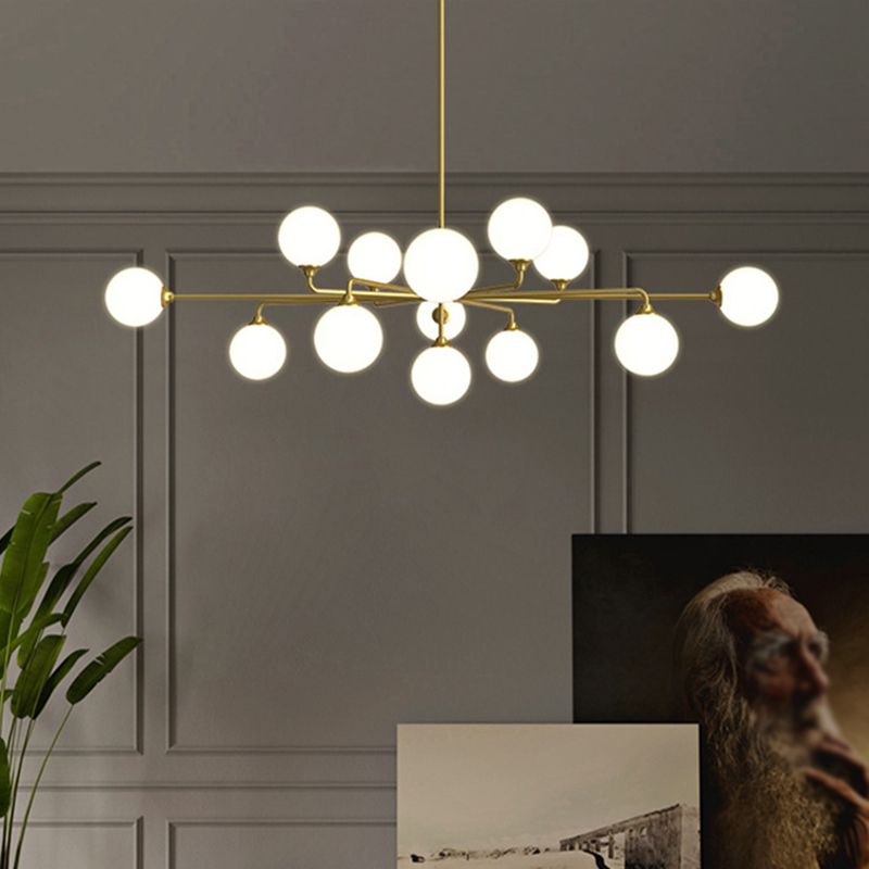 Postmodern Sputnik Island Lighting Metal 6/9/12 Heads Living Room Ceiling Pendant in Gold with Ball White Glass Shade