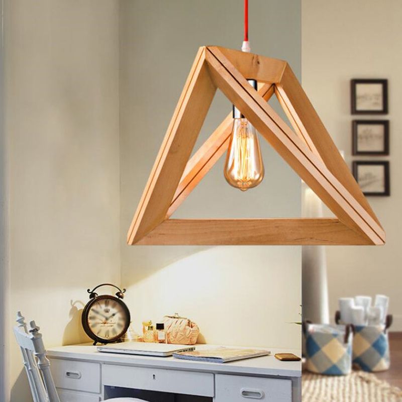Simple Single Bulb Drop Pendant Beige Triangle Hanging Light with Wood Cage, 12.5"/14.5"/16.5" Width