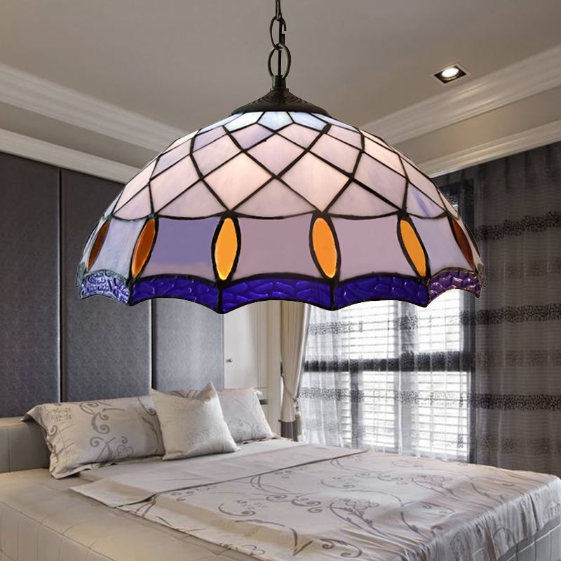 1 Bulb Ceiling Pendant Light Tiffany-Style Domed Handcrafted Stained Glass Suspension Lighting in Purplish Blue