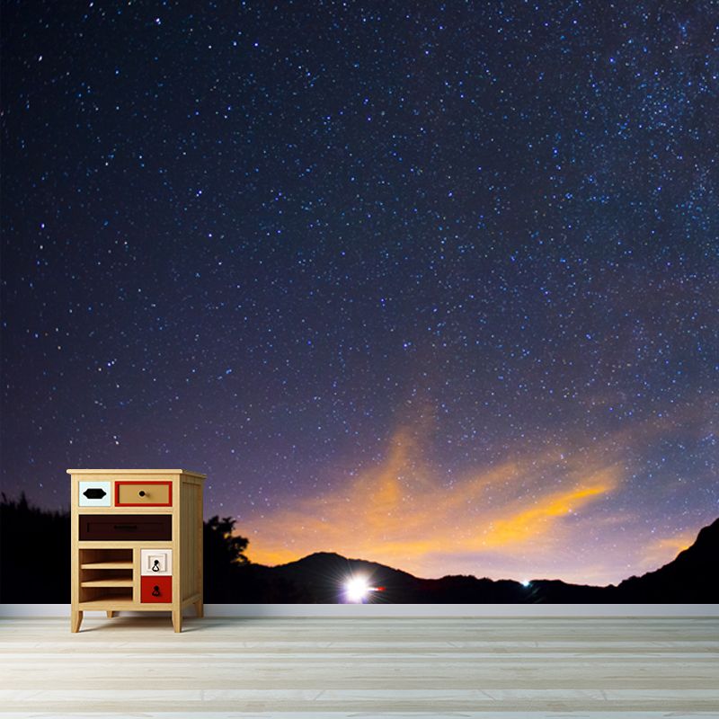 Modern Art Sky Wallpaper Mural Blue-Yellow Starry Night Wall Covering for Bedroom