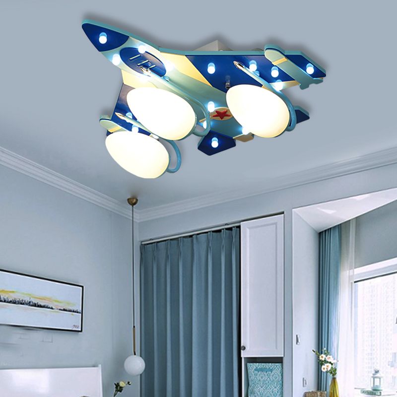 Lampe encastrée en forme d'avion bleu, Style dessin animé, 3/4 ampoules, éclairage de plafond en bois avec abat-jour en forme de larme en verre de lait