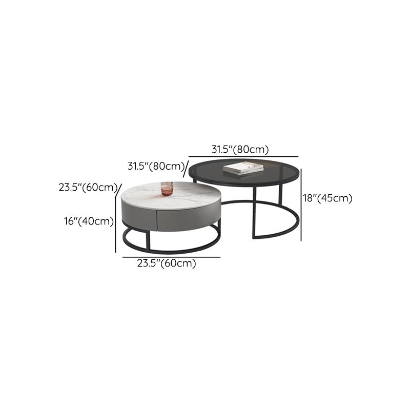 Modern Round Glass & Slate Coffee Table Set Frame Cocktail Table with Drawer