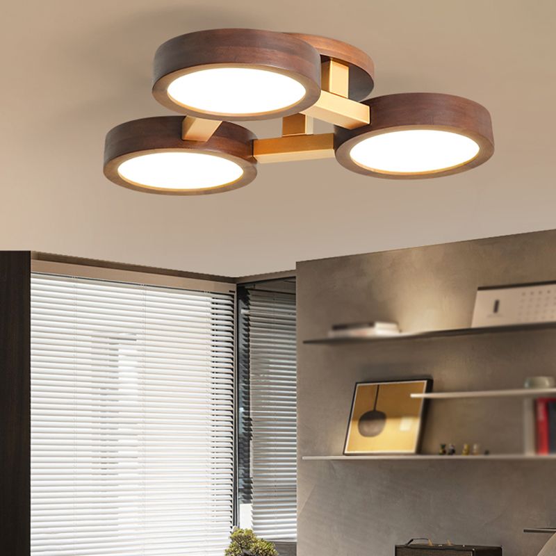 Brown Wood Modern Flush Mount Circle Shape Ceiling Light with Acrylic Shade for Passage