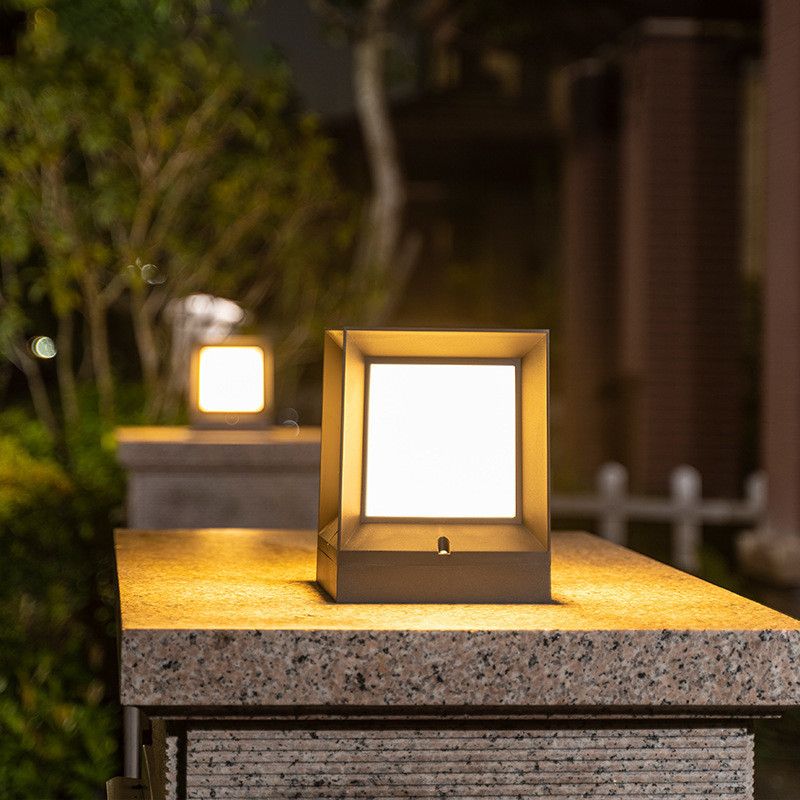 Rectangle Shape Metal Outdoor Light Modern 1 Light Solar Pillar Light in Black