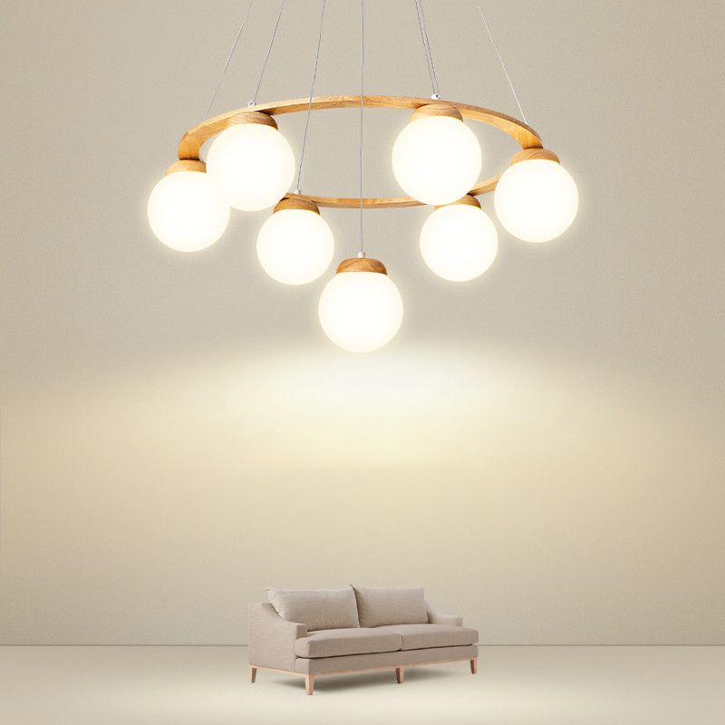Wooden Circle Chandelier Nordic Style Hanging Light with Ball White Glass Shade