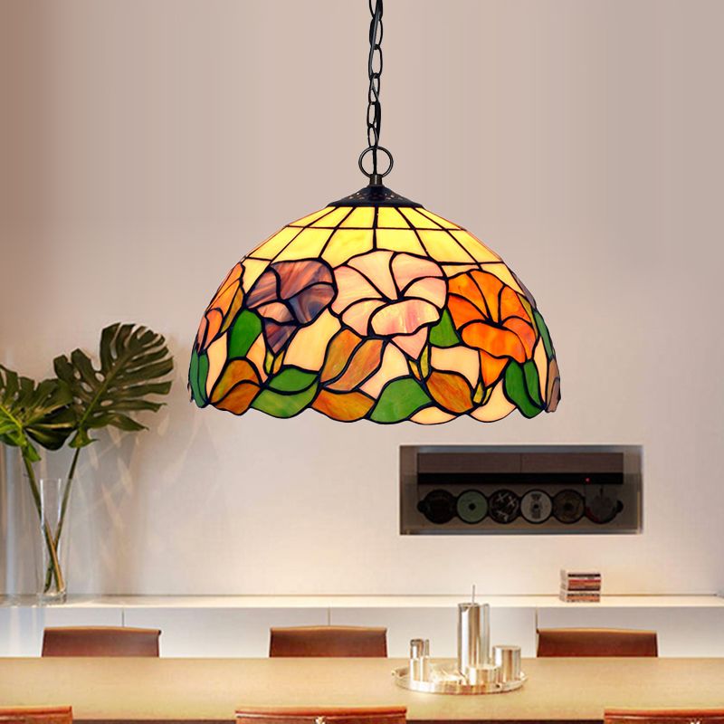 Blossom Pendulum Light 1 Light Red/Pink/Yellow Stained Glass Mediterranean Pendant Lighting Fixture