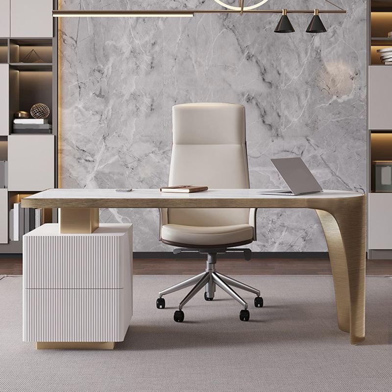 27.6" Wide Stone Writing Desk Glam with Drawers Office Desk with Chrome Metal Base