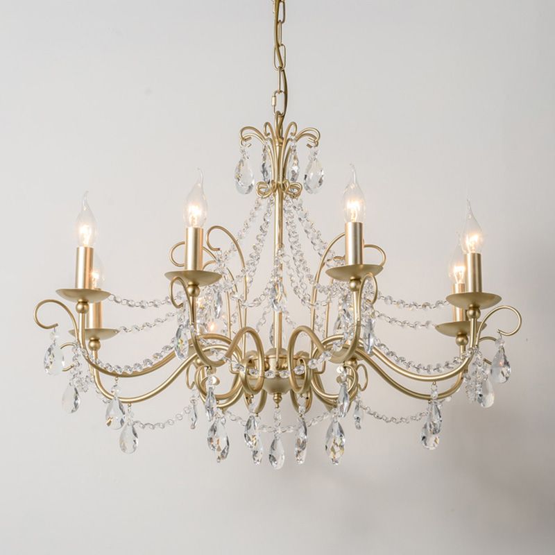 Frosted Gold French Style Chandelier Light with Candlestick Metal Multi Light Pendant with Clear Crystal
