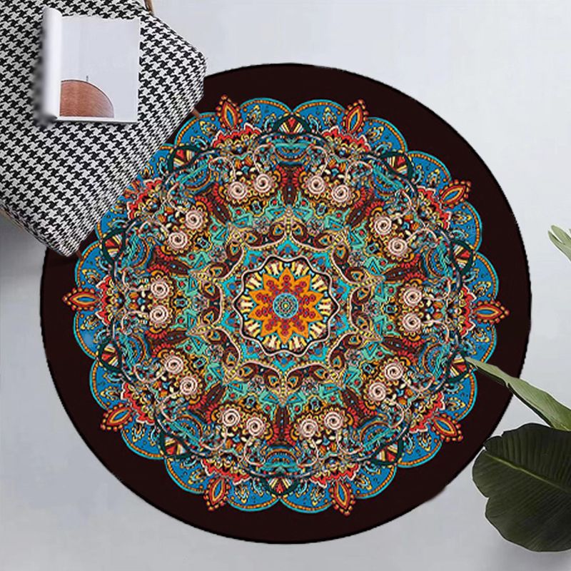 Round Moroccan Indoor Rug Polyester Floral Print Carpet Non-Slip Backing Rug for Home Decoration