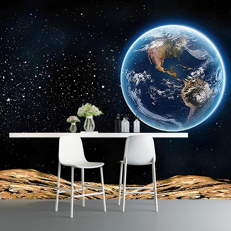Big Planet Wall Mural Decal in Blue and Black Non-Woven Fabric Wall Covering for Home Decor, Custom-Printed