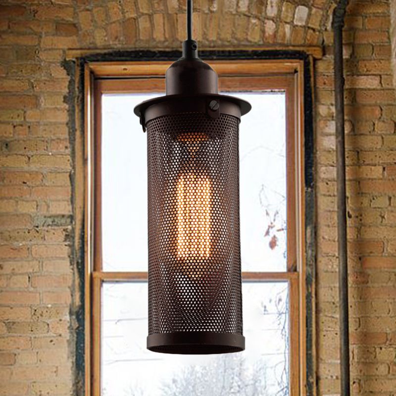 Metal Black/Rust Hanging Pendant Lamp Cylindrical 1 Head Industrial Ceiling Lighting with Mesh Cage Shade