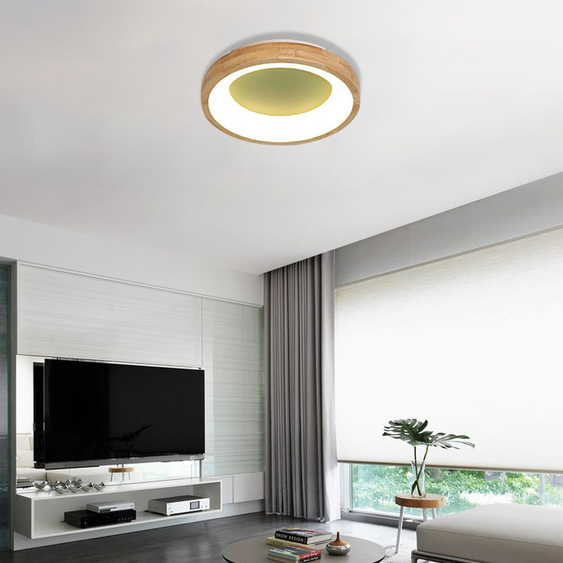 Wood Circular Thin Flushmount Lighting Nordic Style Green/Blue LED Ceiling Mounted Light, 12"/16"/19.5" Width