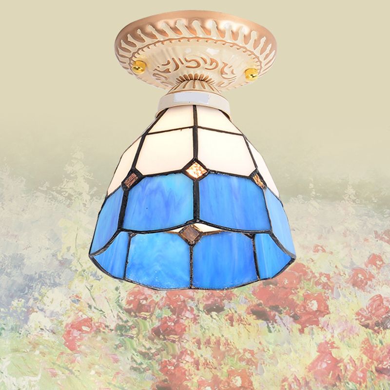 Tiffany Style Bell Shade Semi Flush Single-Bulb Handcrafted Art Glass Flush Ceiling Light Fixture