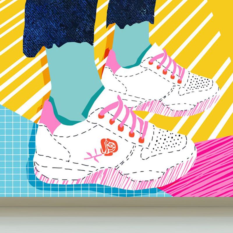 Full Size Illustration Modern Mural Wallpaper with Fashionable Shoes Graphic in Light Color