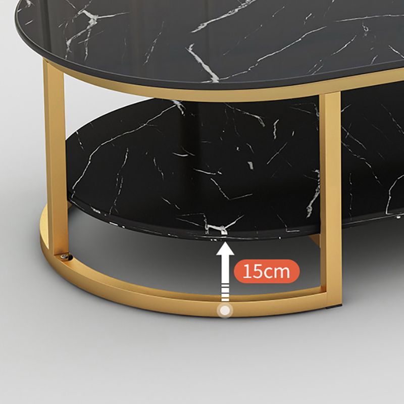 Contemporary Oval Glass Top Cocktail Table with Golden Base and Shelf