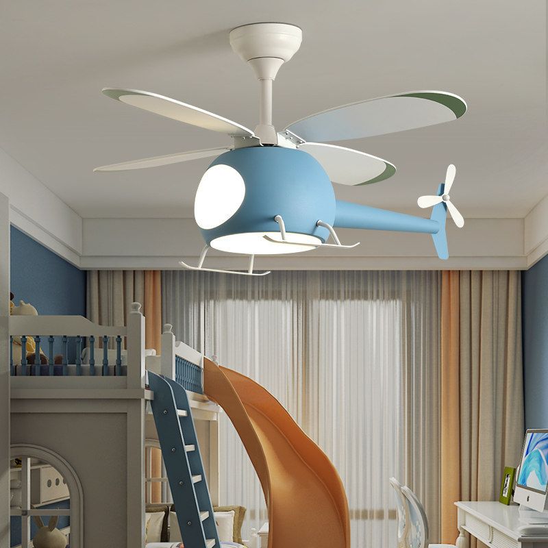 4-Blade Helicopter Pendant Fan Lighting Kids Style Metal LED Semi Flush Ceiling Light with Remote