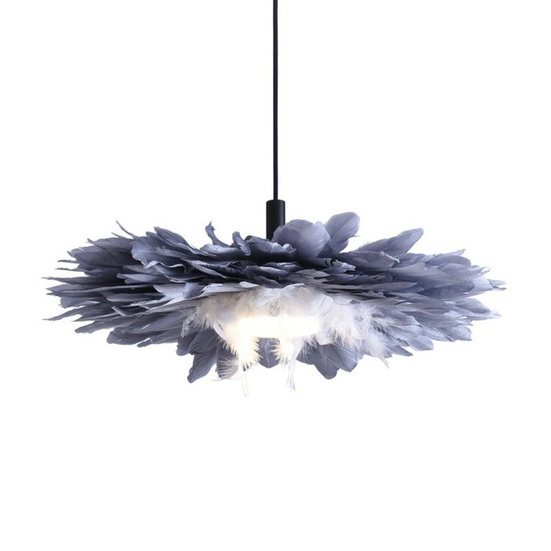 Floral Feather Hanging Light Fixture Artistic 1 Head Black and Blue Pendant Lamp for Bedroom
