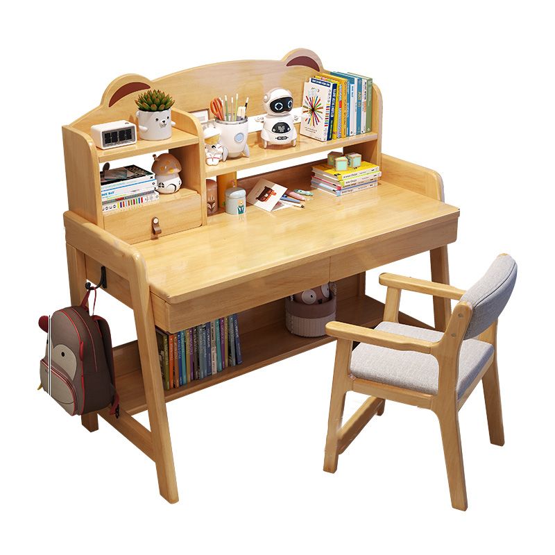 Adjustable Kids Desks and Chair Set with Hutch 2 Drawers Solid Wood Child Writing Desks