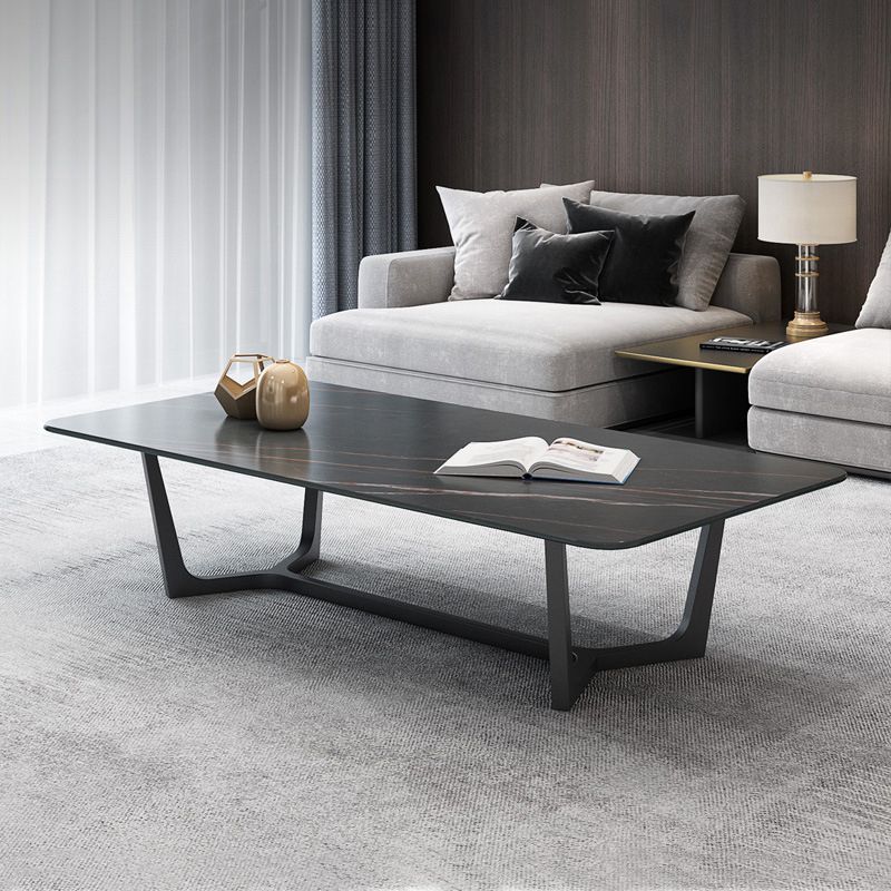 Modern Style Slate Table with Rectangular Black Metal Trestle Type Base Coffee Table