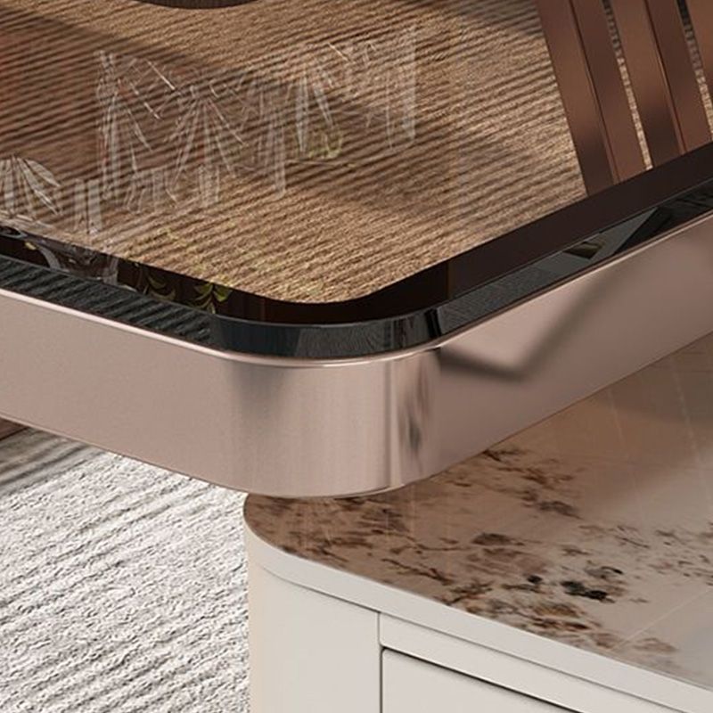 2 Nesting Coffee Table Set Slate & Glass Top Square Cocktail Table with Drawers