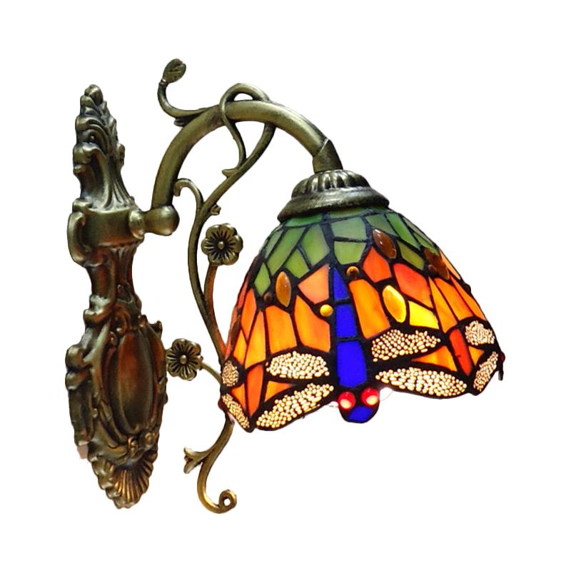 Hand Cut Glass Dragonfly Wall Sconce Tiffany Style 1 Light Wall Mount Light Fixture with Carved Backplate